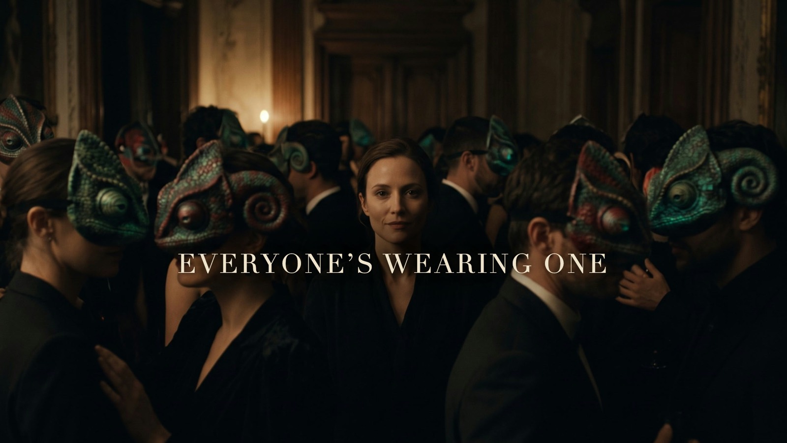 A masquerade crowd in chameleon masks; one woman stands unmasked in the center.